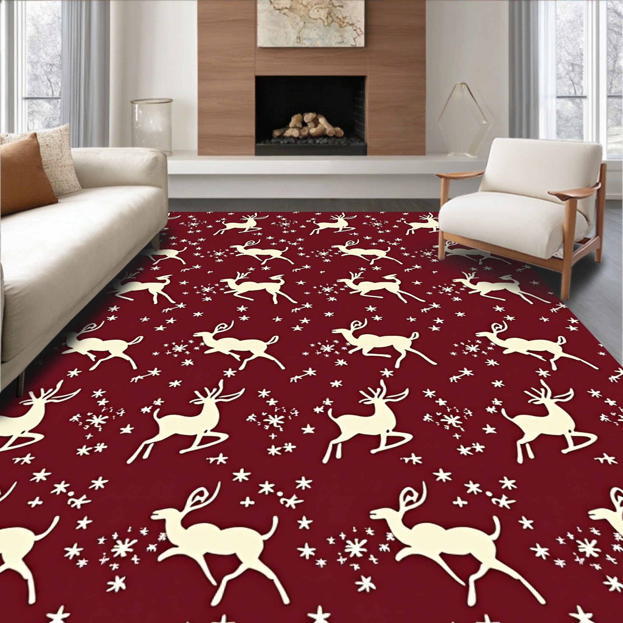 Cream Reindeer Snowflakes Burgundy Rug