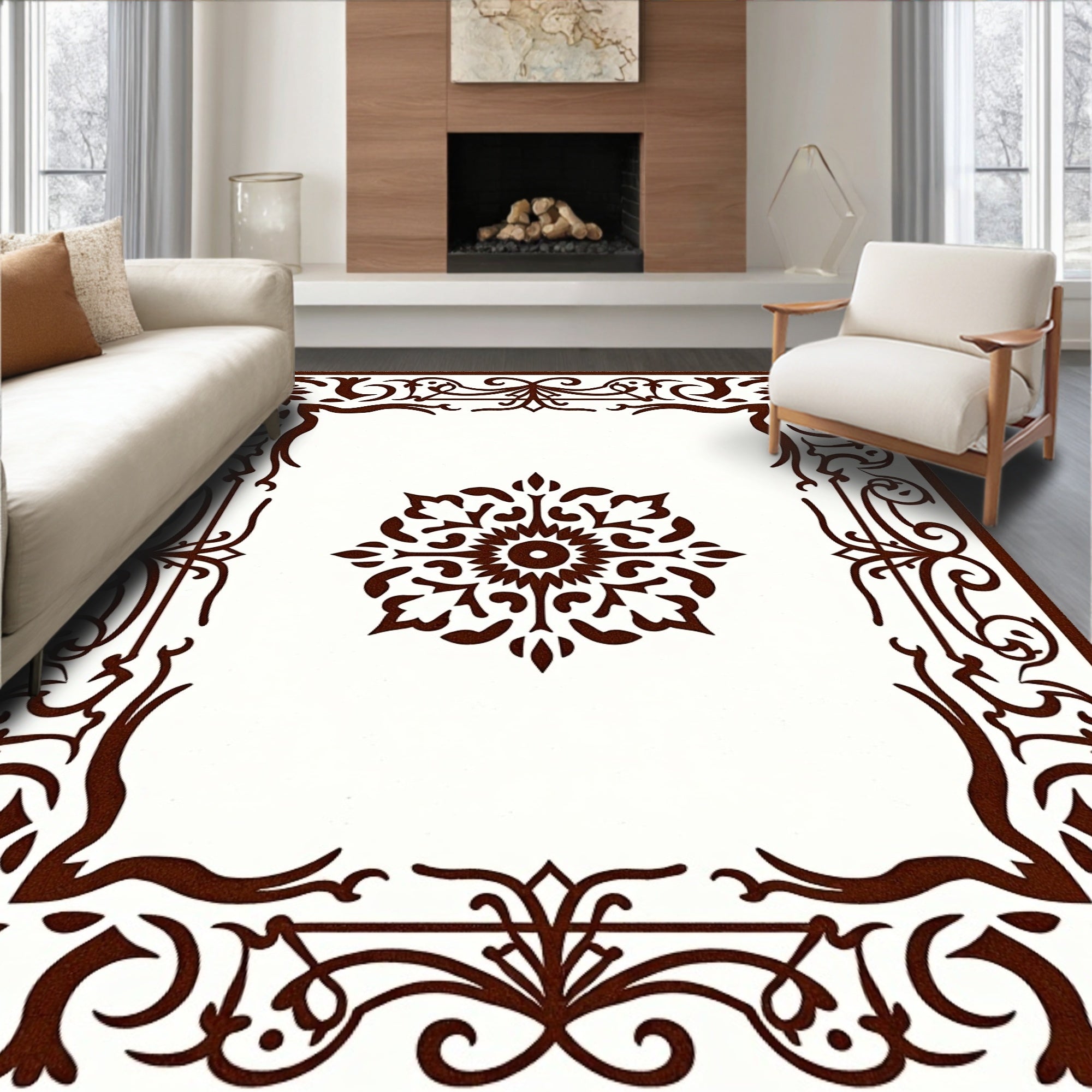Rich Brown Floral Medallion Border Rug