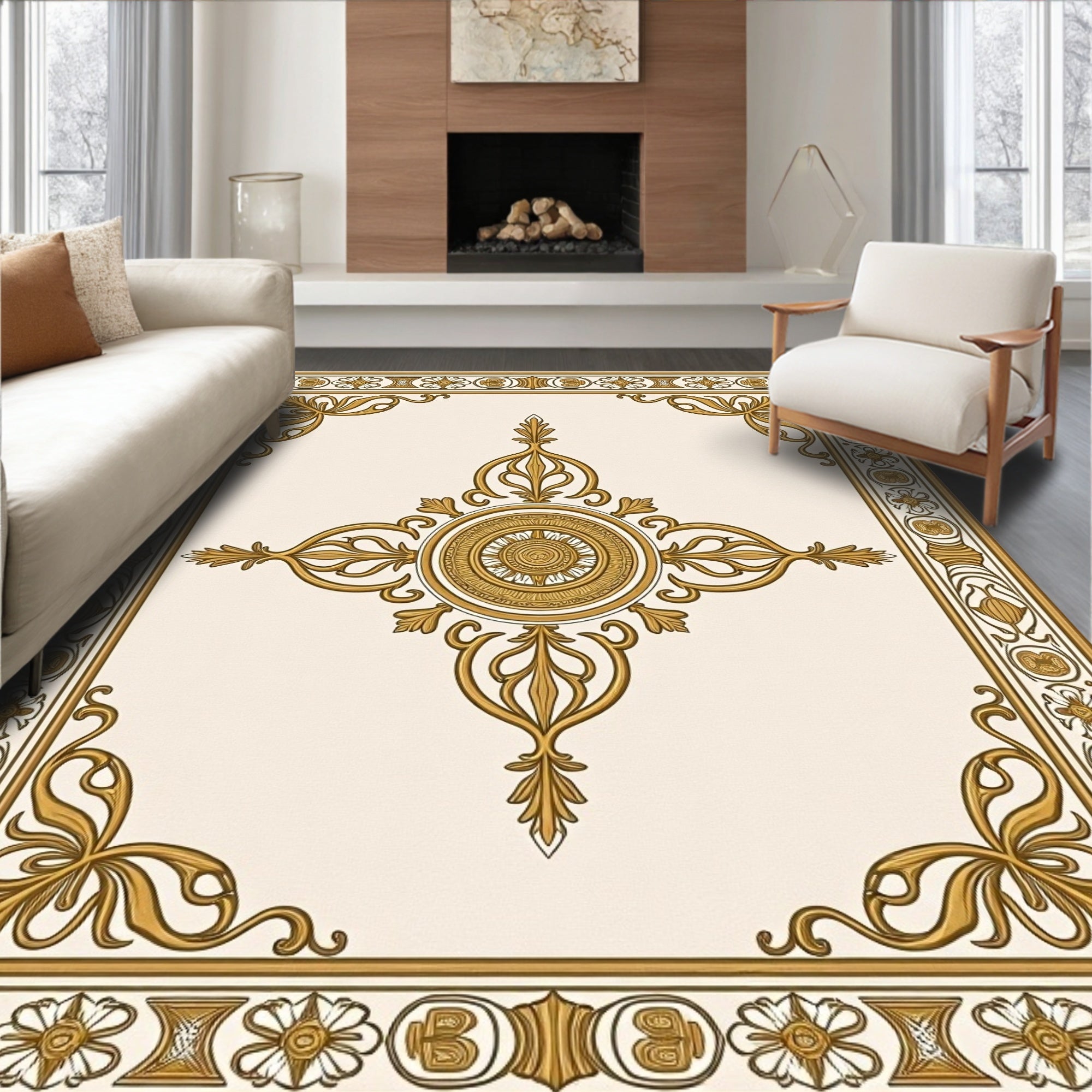 Ancient Gold Floral Medallion Border Rug
