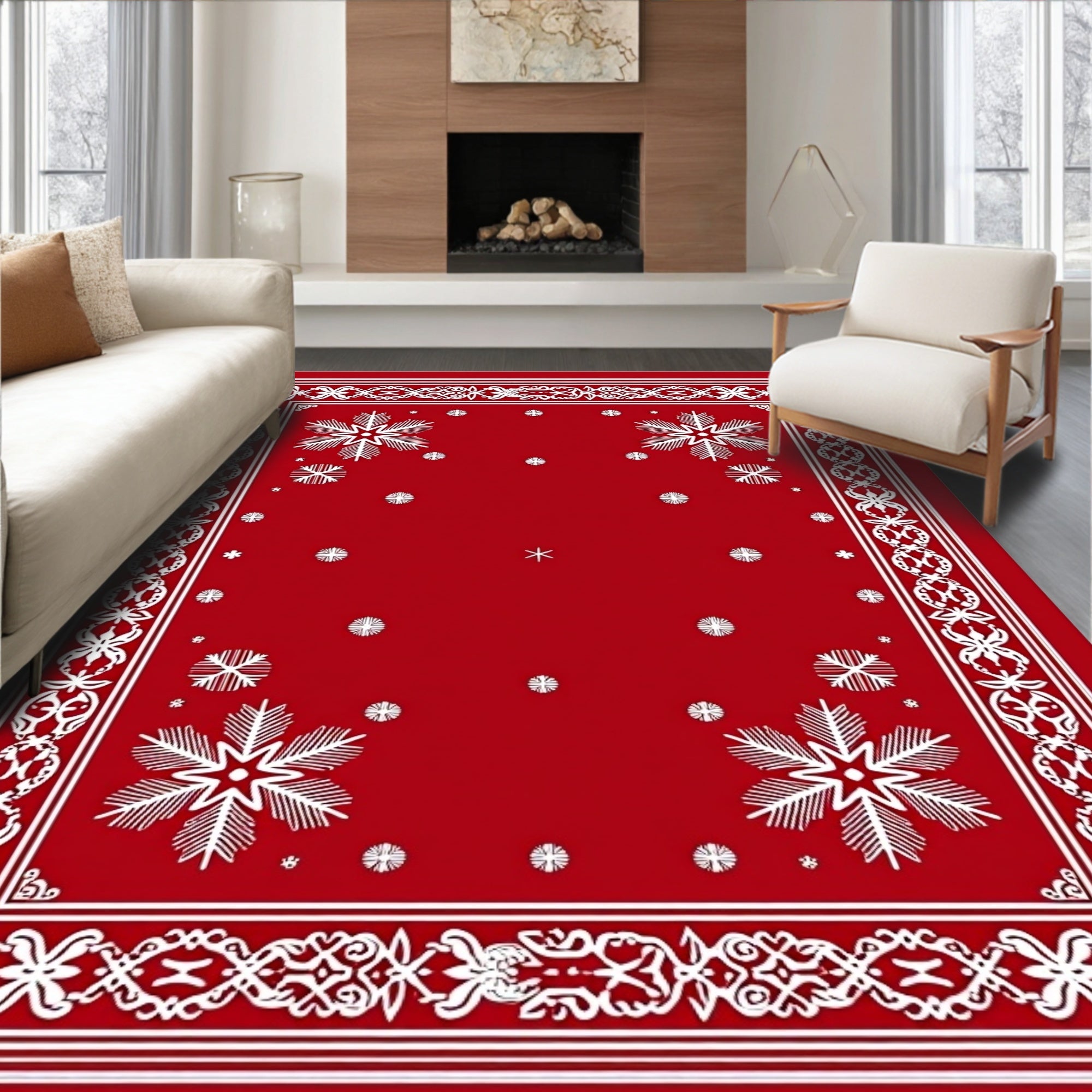 Crimson White Snowflake Medallion Border Rug