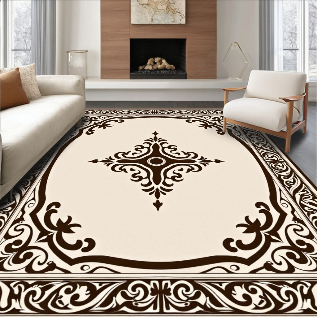 Brown Ivory Vintage Scroll Medallion Rug