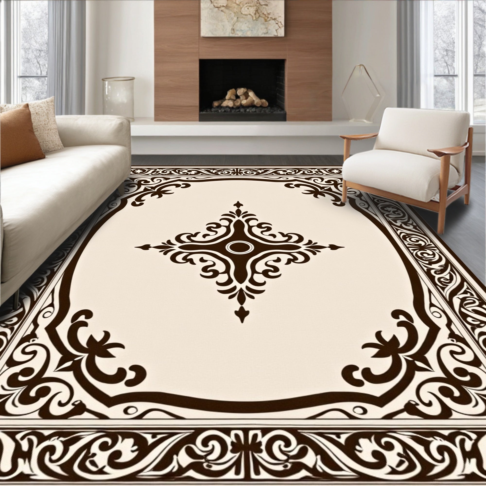 Brown Ivory Vintage Scroll Medallion Rug