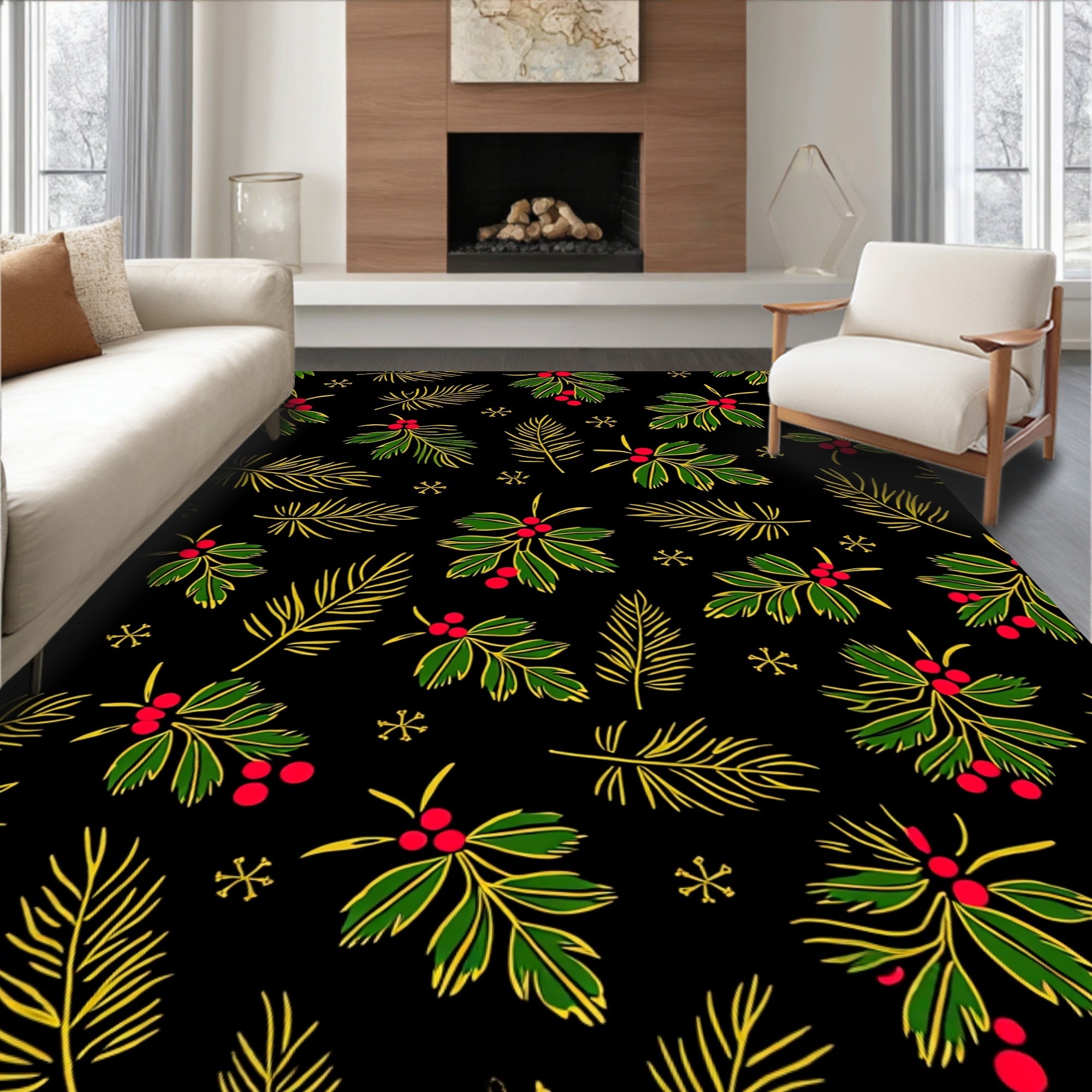 Festive Holly Berry Pine Sprig Rug