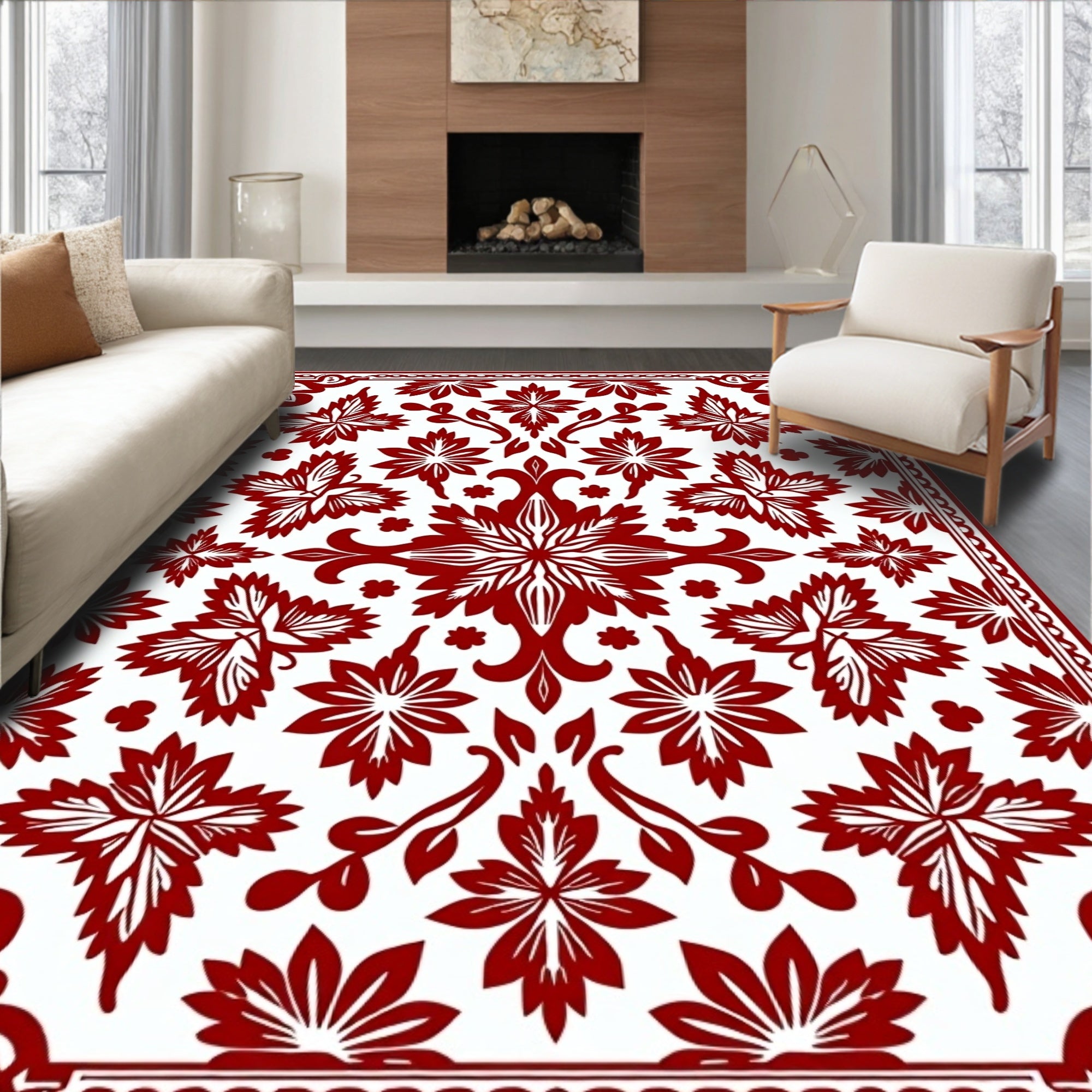 Crimson Floral Art Deco Medallion Rug