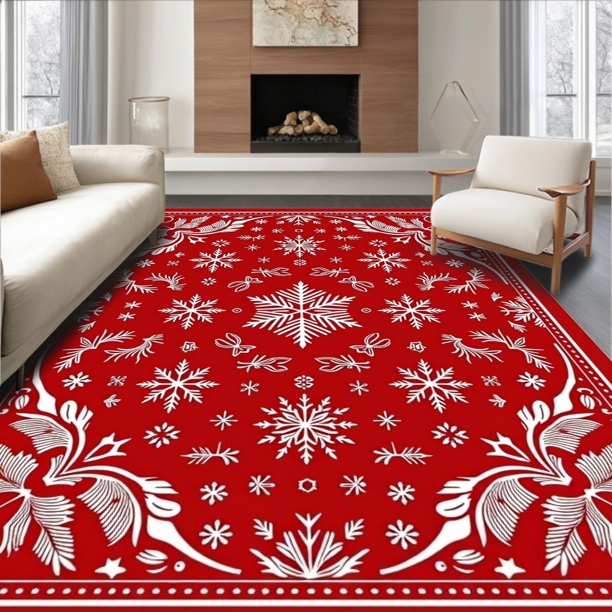 Festive Red Snowflake Christmas Scape Rug