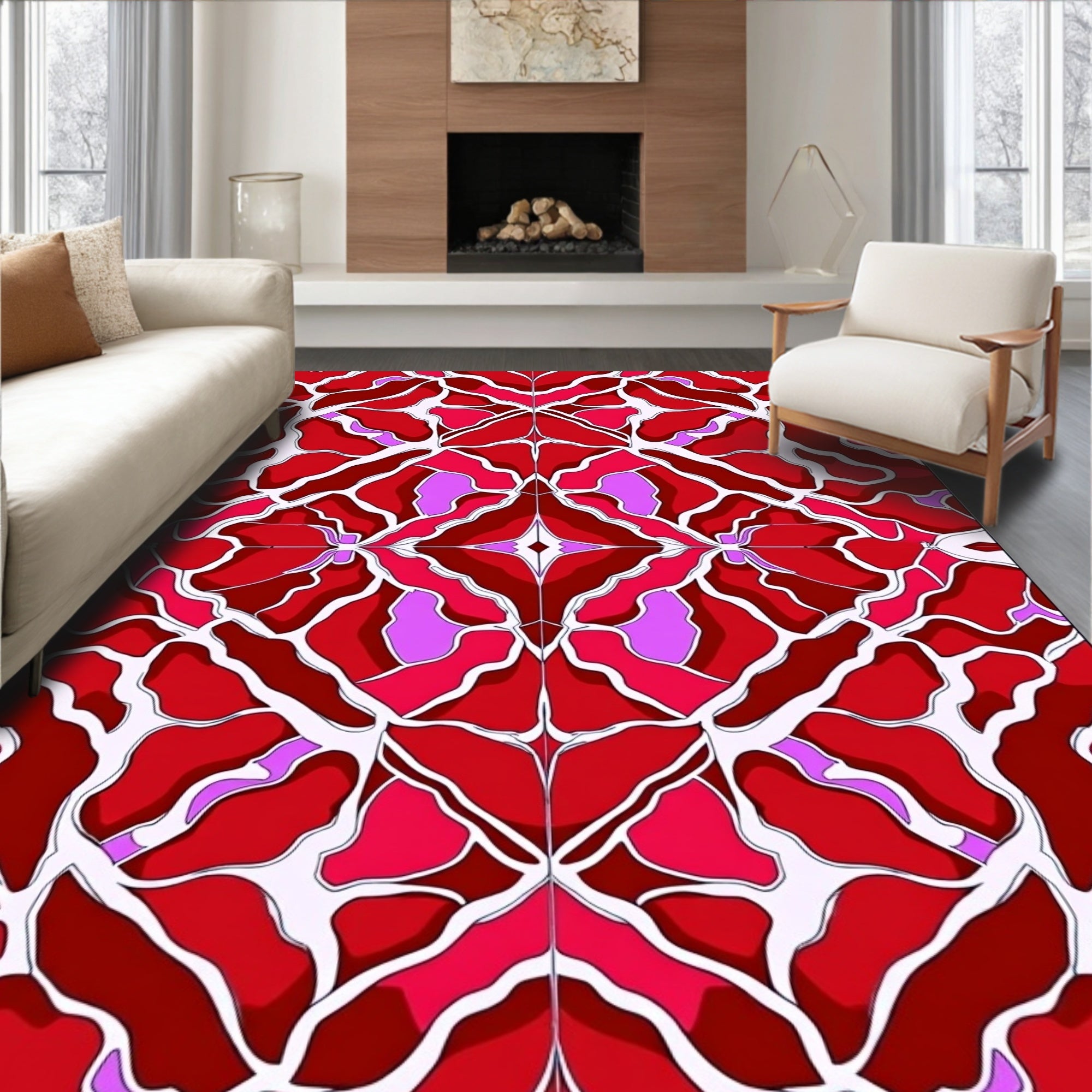 Crimson Pink White Organic Symmetry Rug