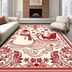 Crimson Snowman Sleigh Winter Scene Rug