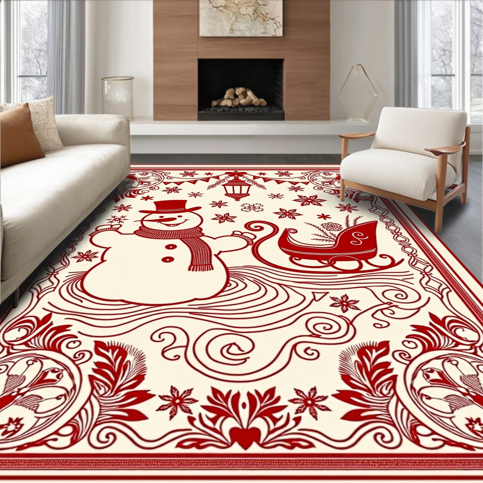 Crimson Snowman Sleigh Winter Scene Rug