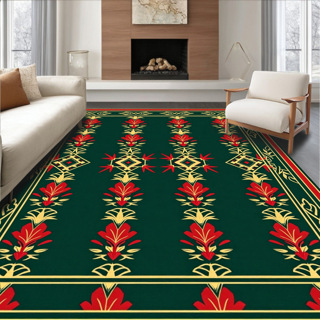 Emerald Red Golden Floral Medallion Rug