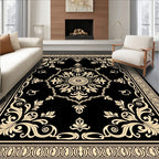 Black Cream Damask Scroll Medallion Rug