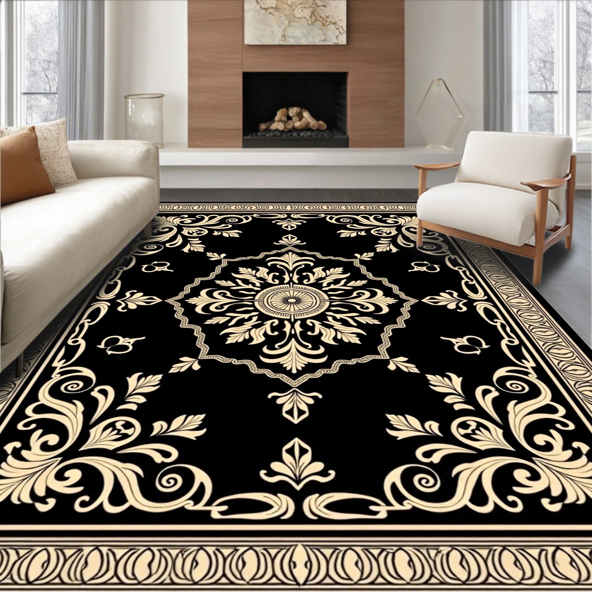Black Cream Damask Scroll Medallion Rug