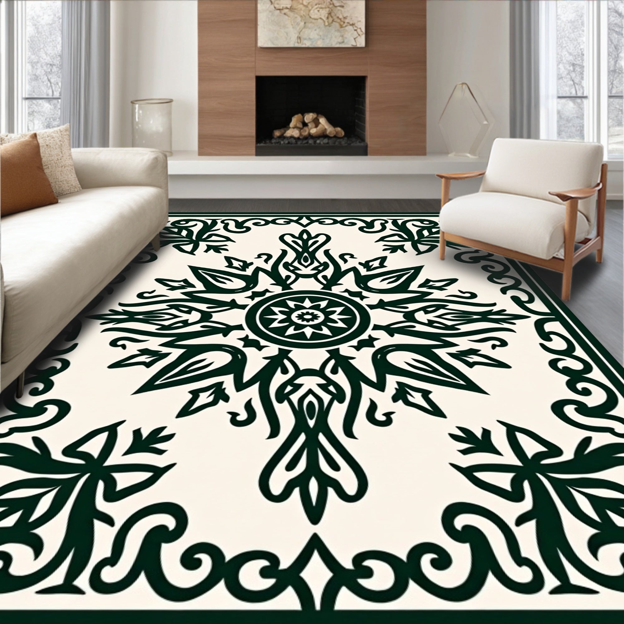 Dark Green Floral Medallion Scroll Rug