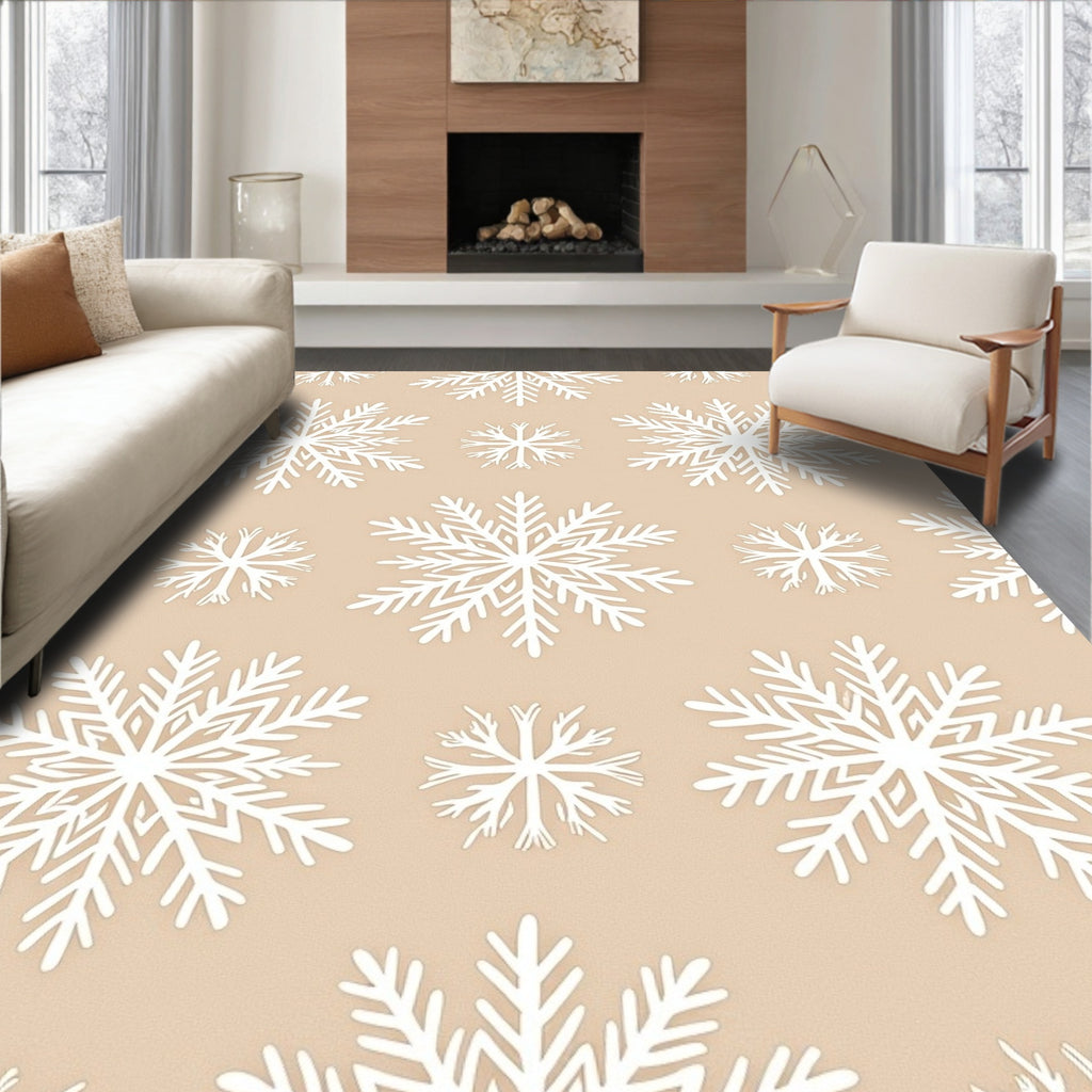 White Snowflakes on Warm Beige Background Rug