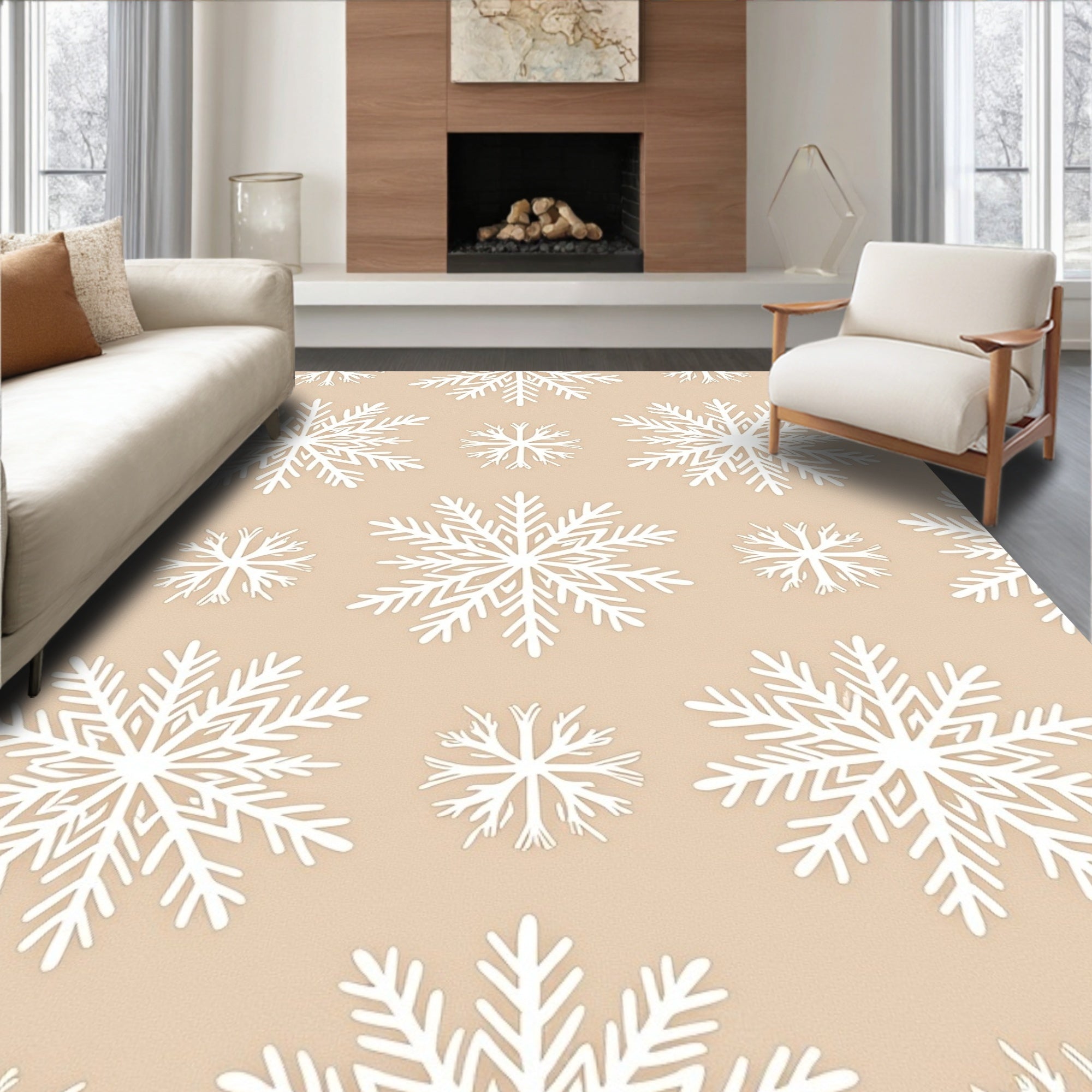 White Snowflakes on Warm Beige Background Rug