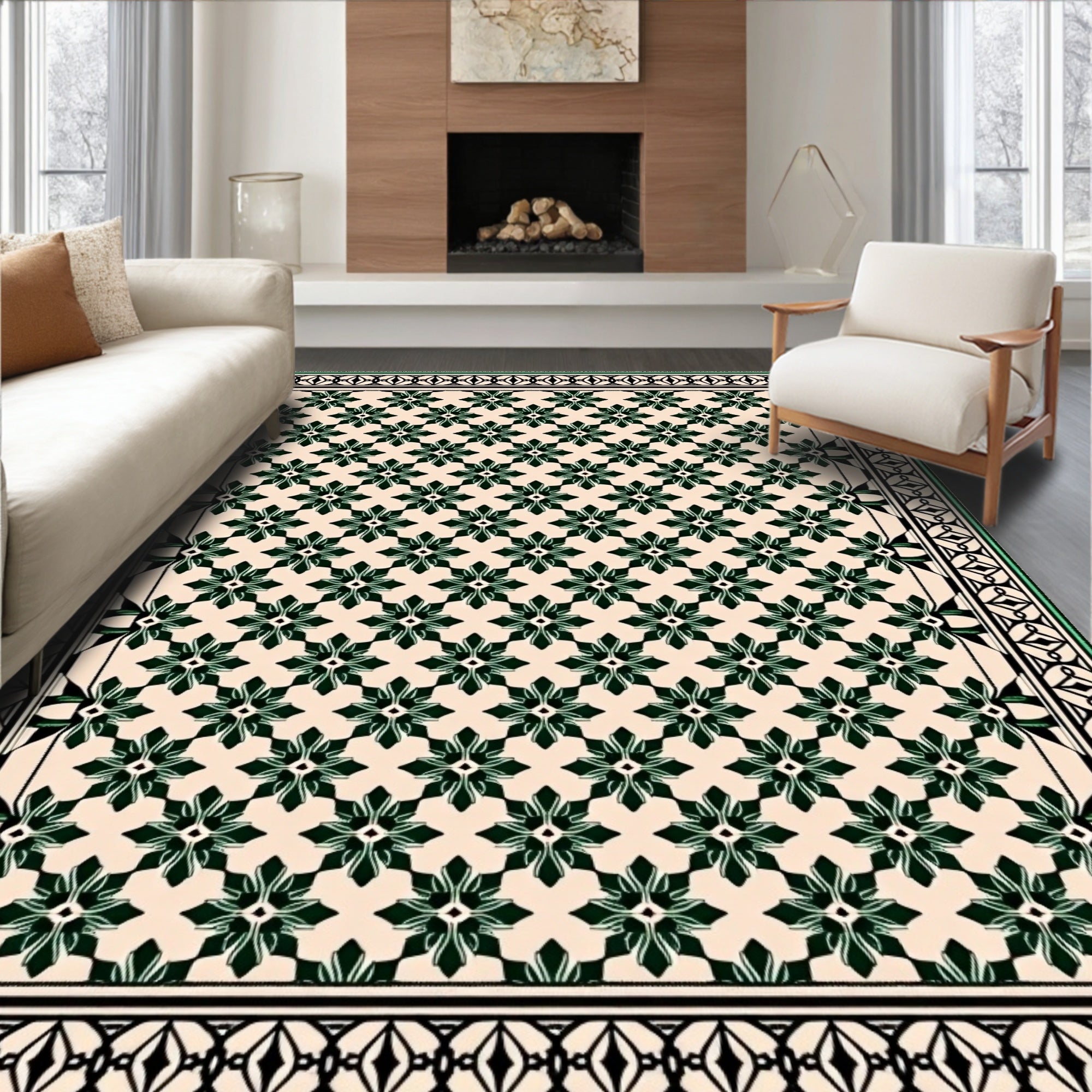 Classic Cream Green Floral Border Rug