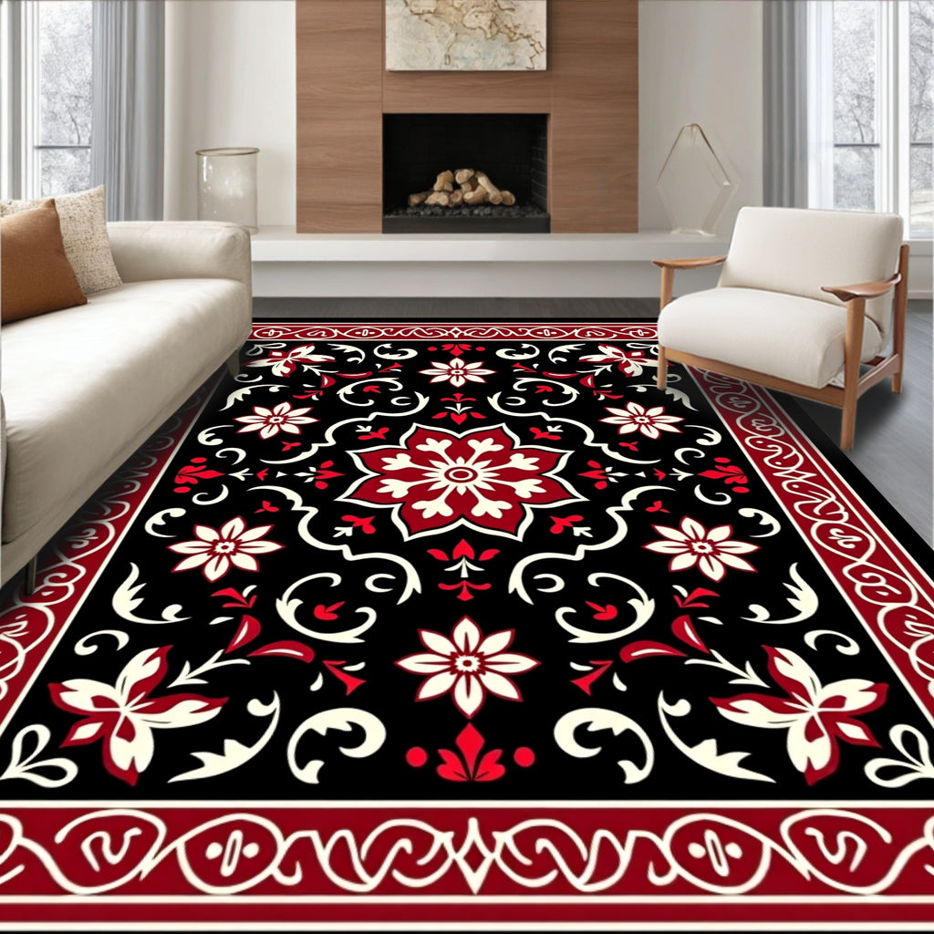 Black Red Floral Medallion Border Rug