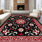 Black Red Floral Medallion Border Rug