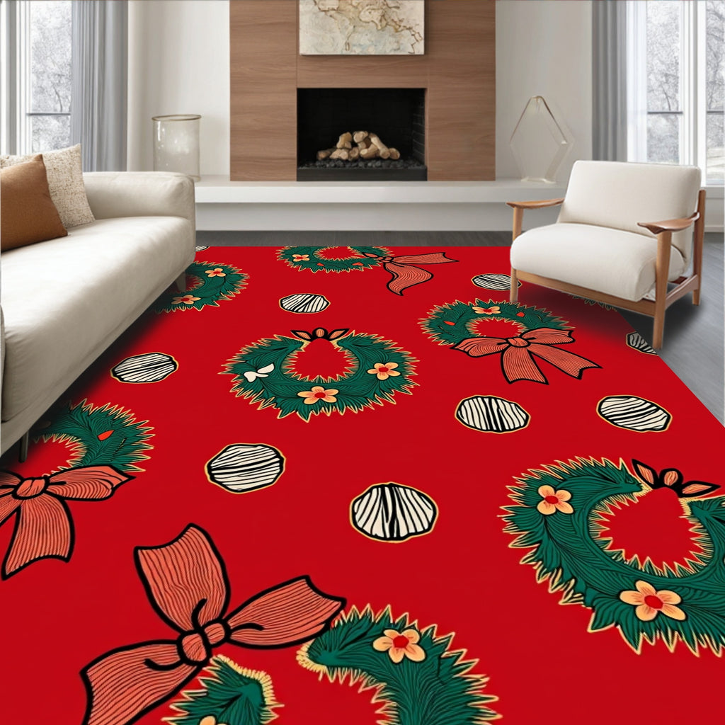 Red Green Wreath Floral Bow Accent Rug