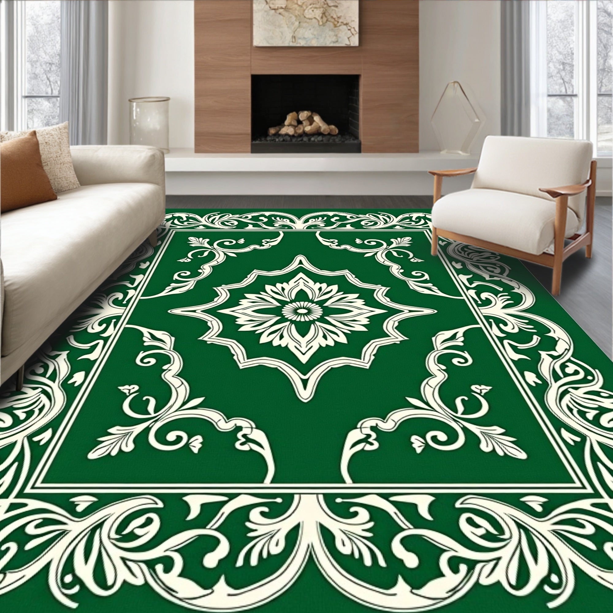 Emerald Green Floral Frame Medallion Rug