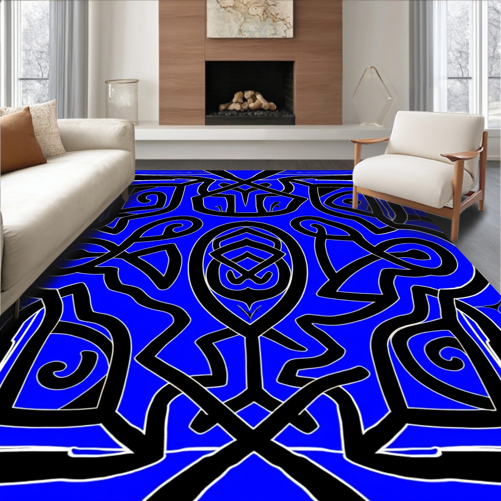 Bold Blue Interlocking Geometric Swirl Rug