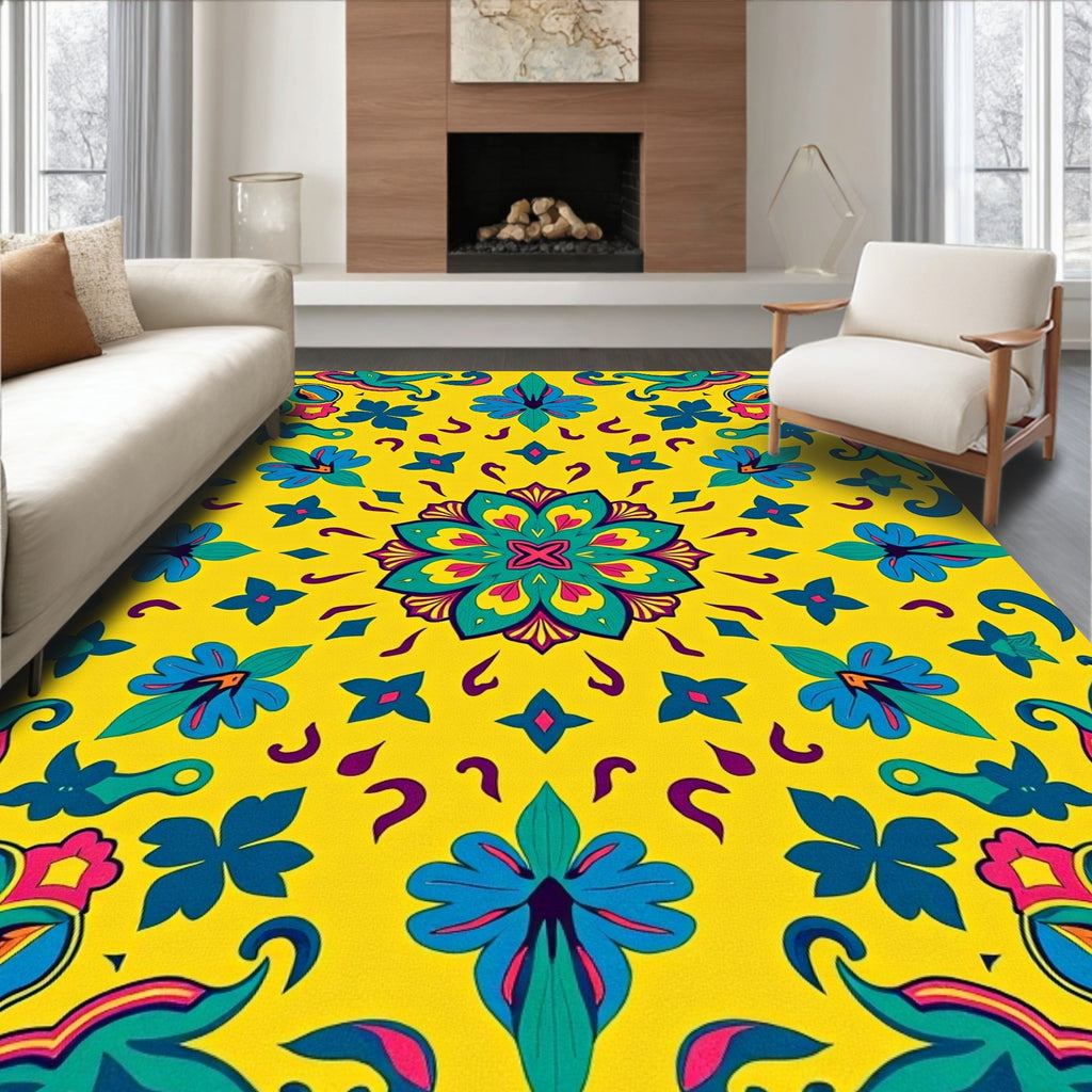 Vibrant Yellow Floral Medallion Rug