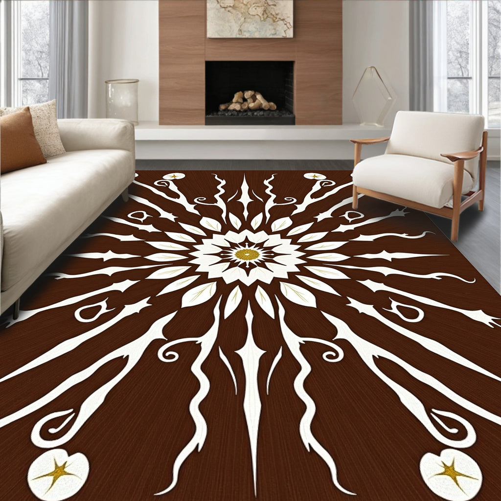 Brown White Golden Floral Mandala Rug