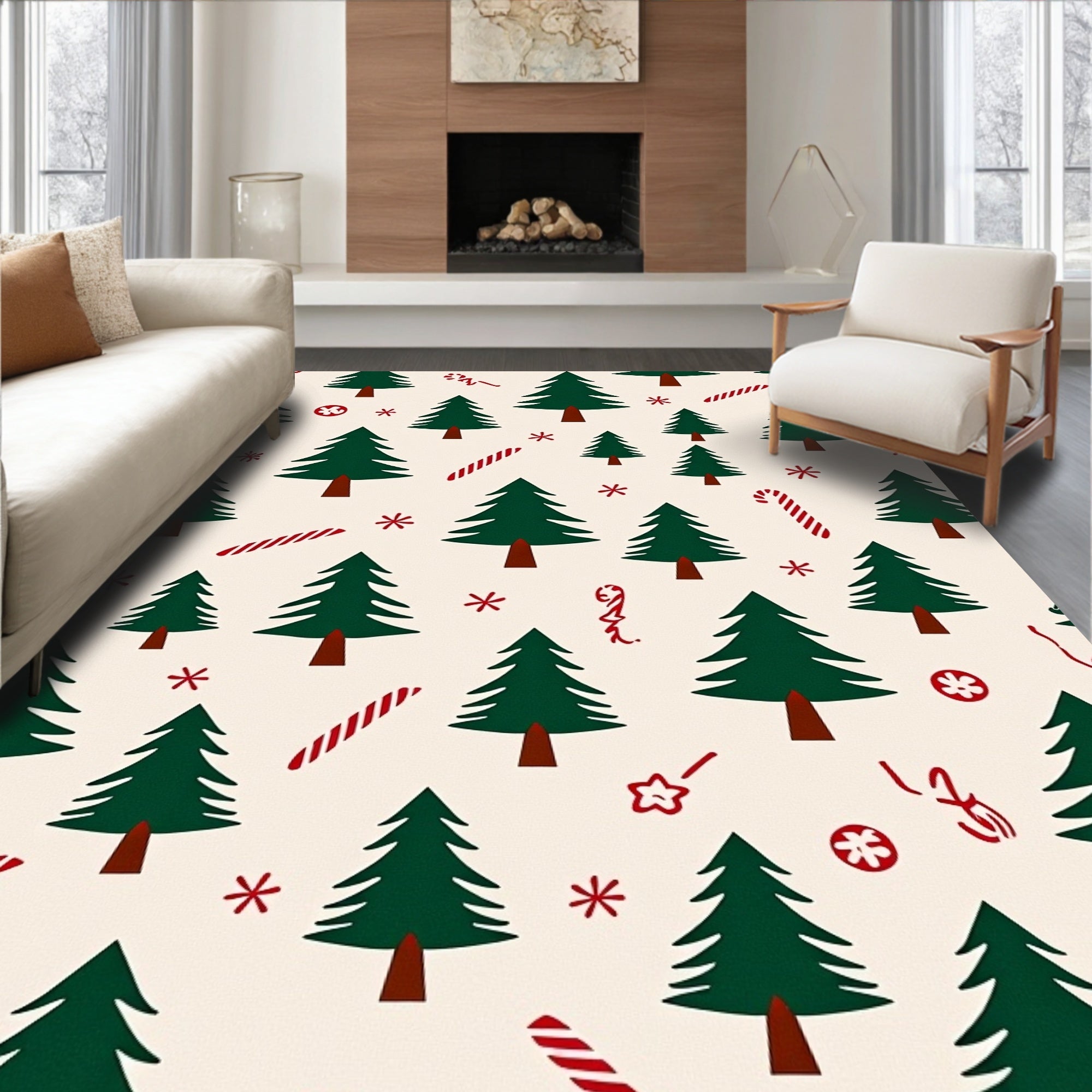 Festive Forest Candy Cane Christmas Trees Rug