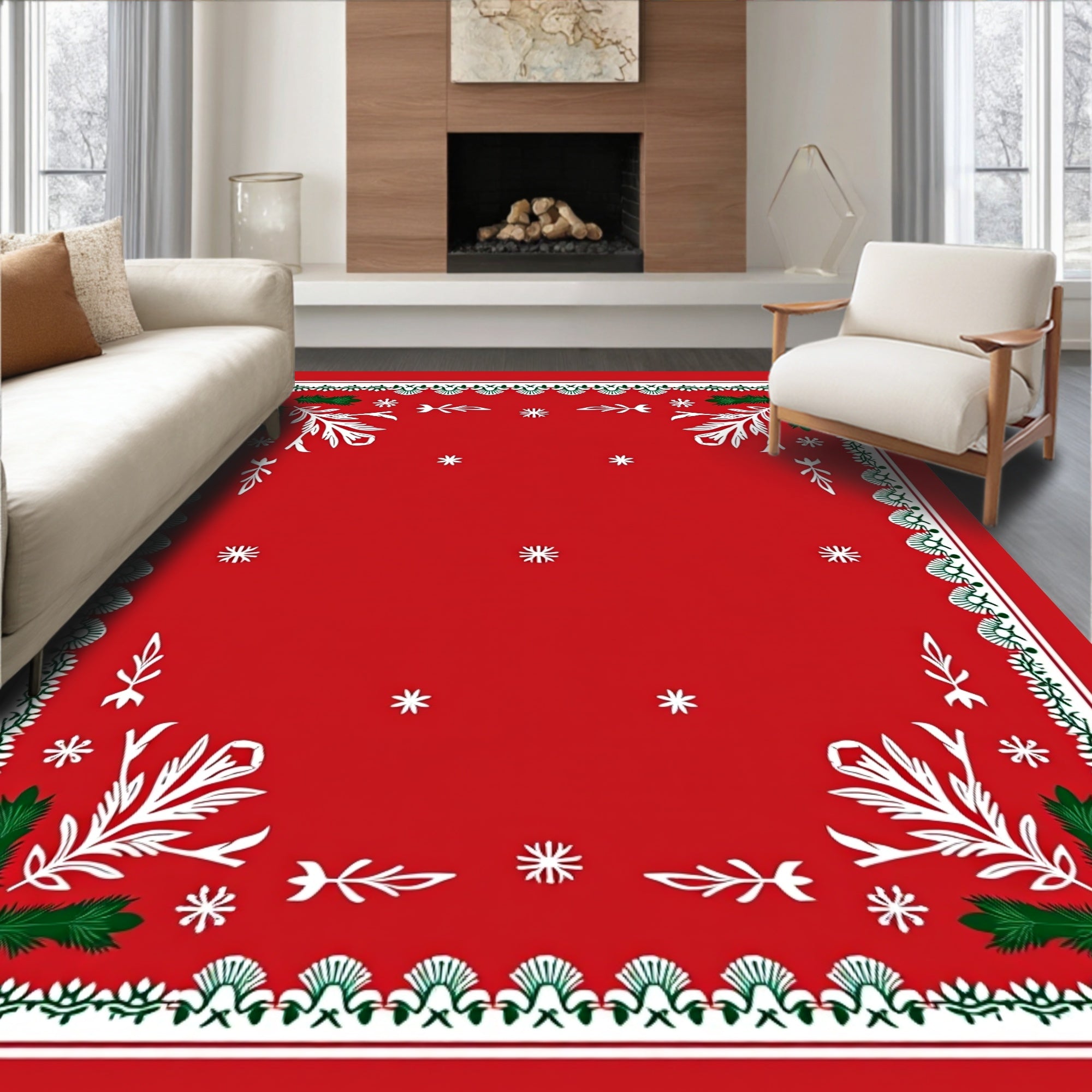 Festive Red Holly Starburst Border Rug