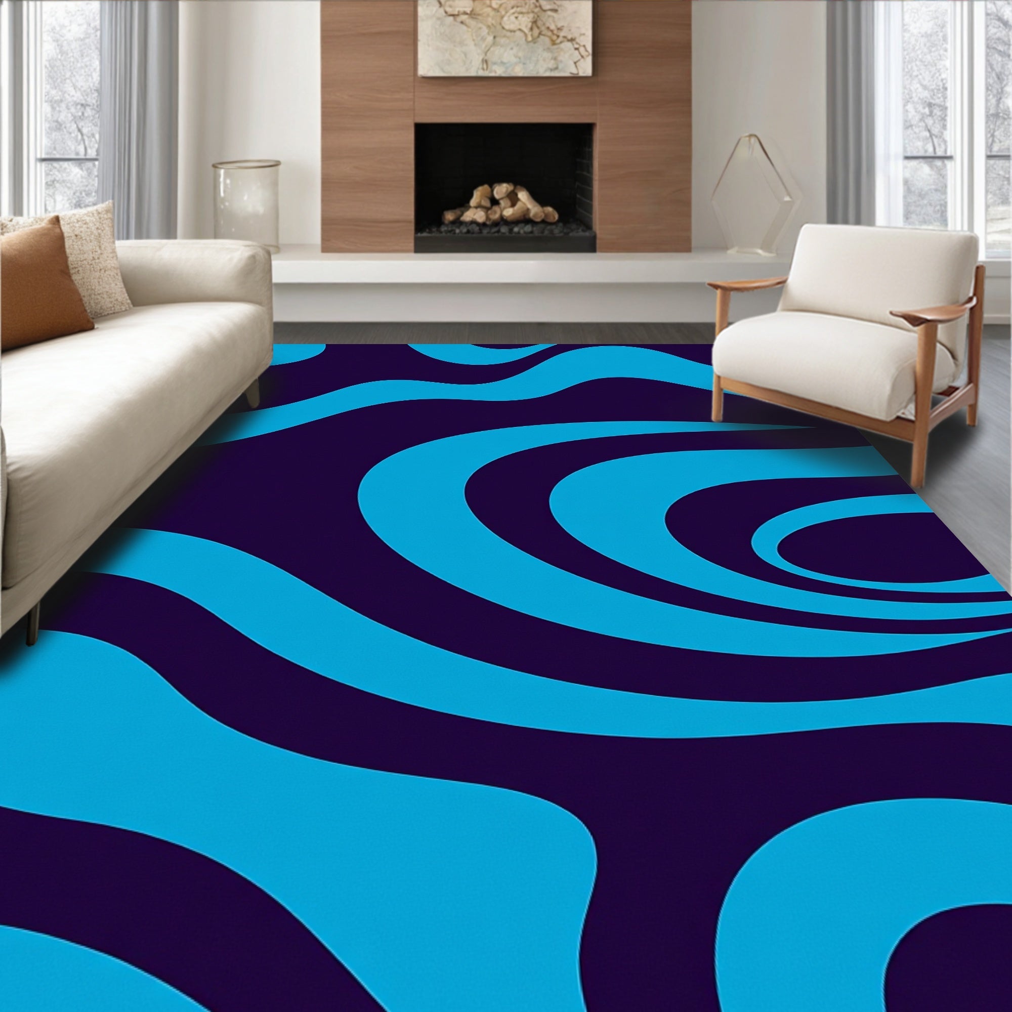 Retro Blue Wave Swirl Rug