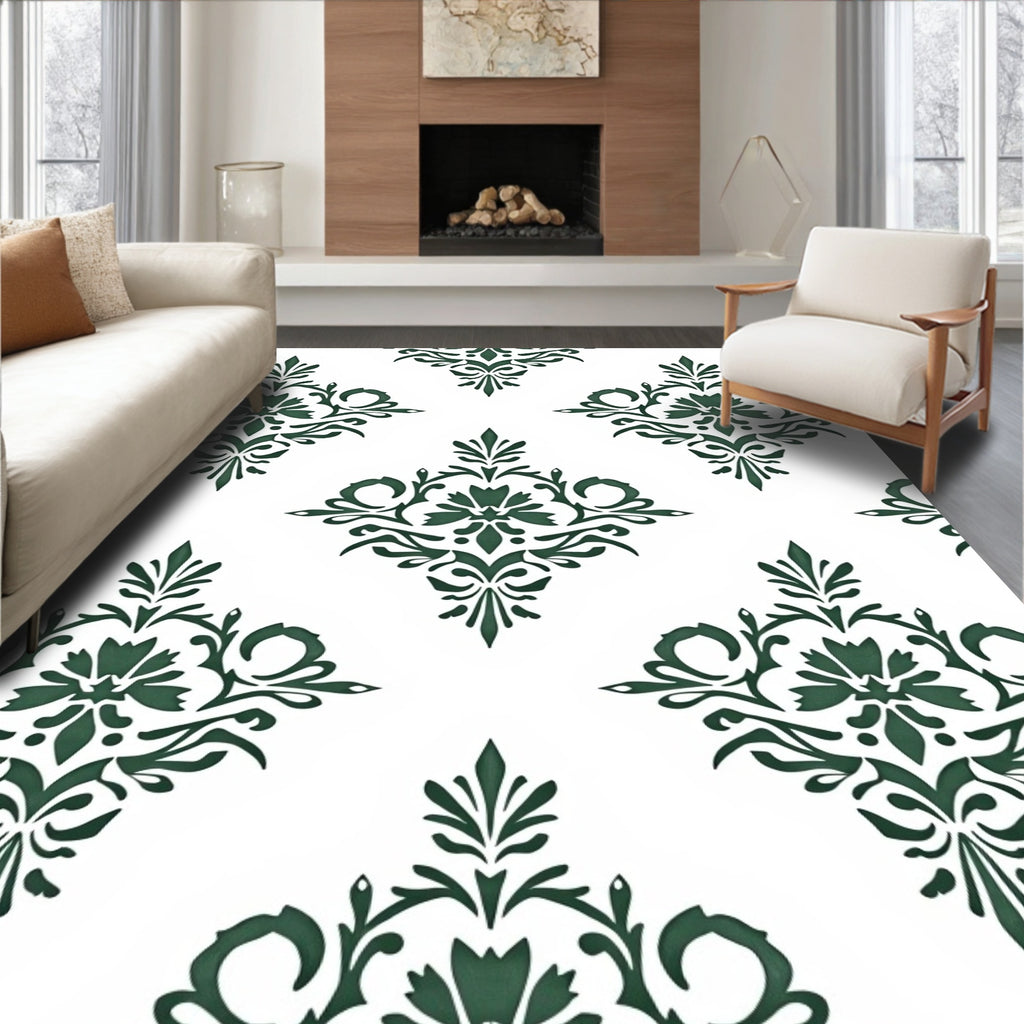 Deep Forest Green Damask medallion Rug