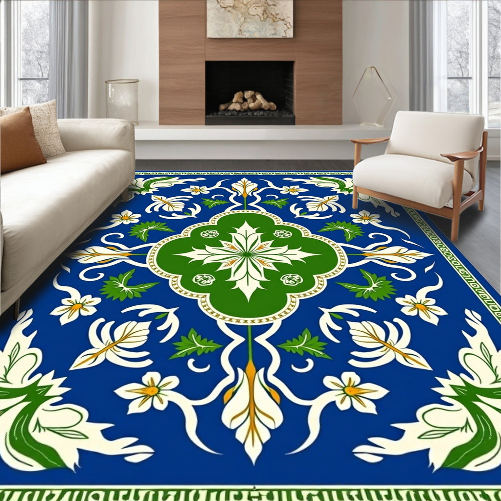 Blue White Green Floral Medallion Rug