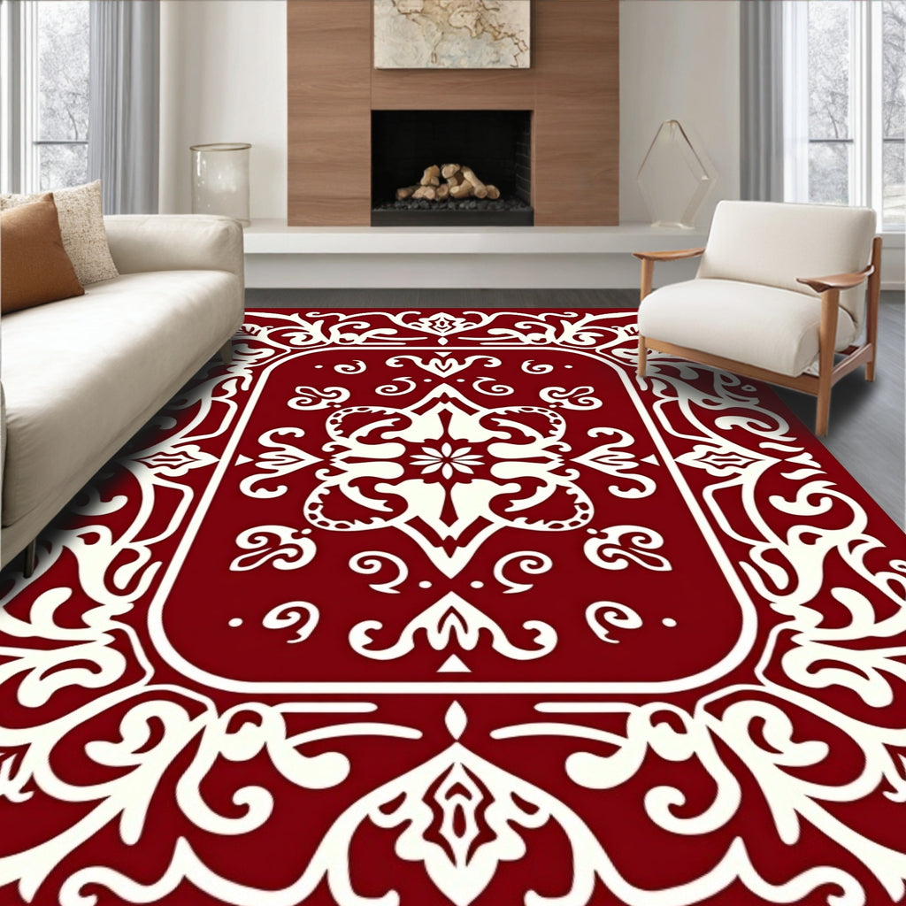 Deep Red Ivory Filigree Floral Medallion Rug