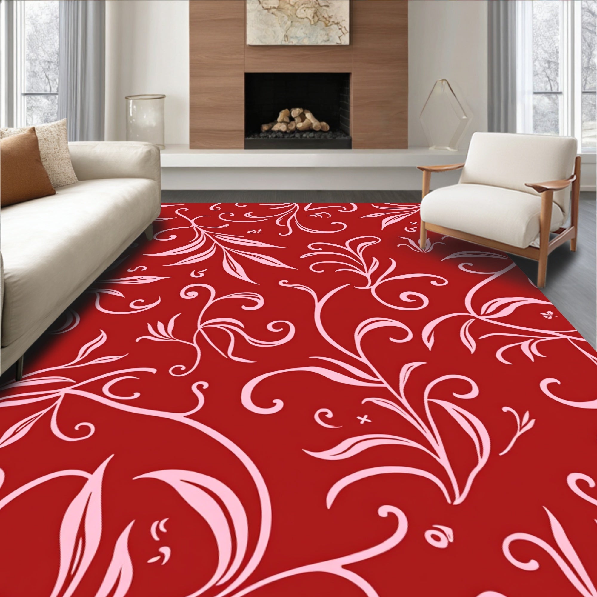Crimson Light Pink Floral Swirls Rug