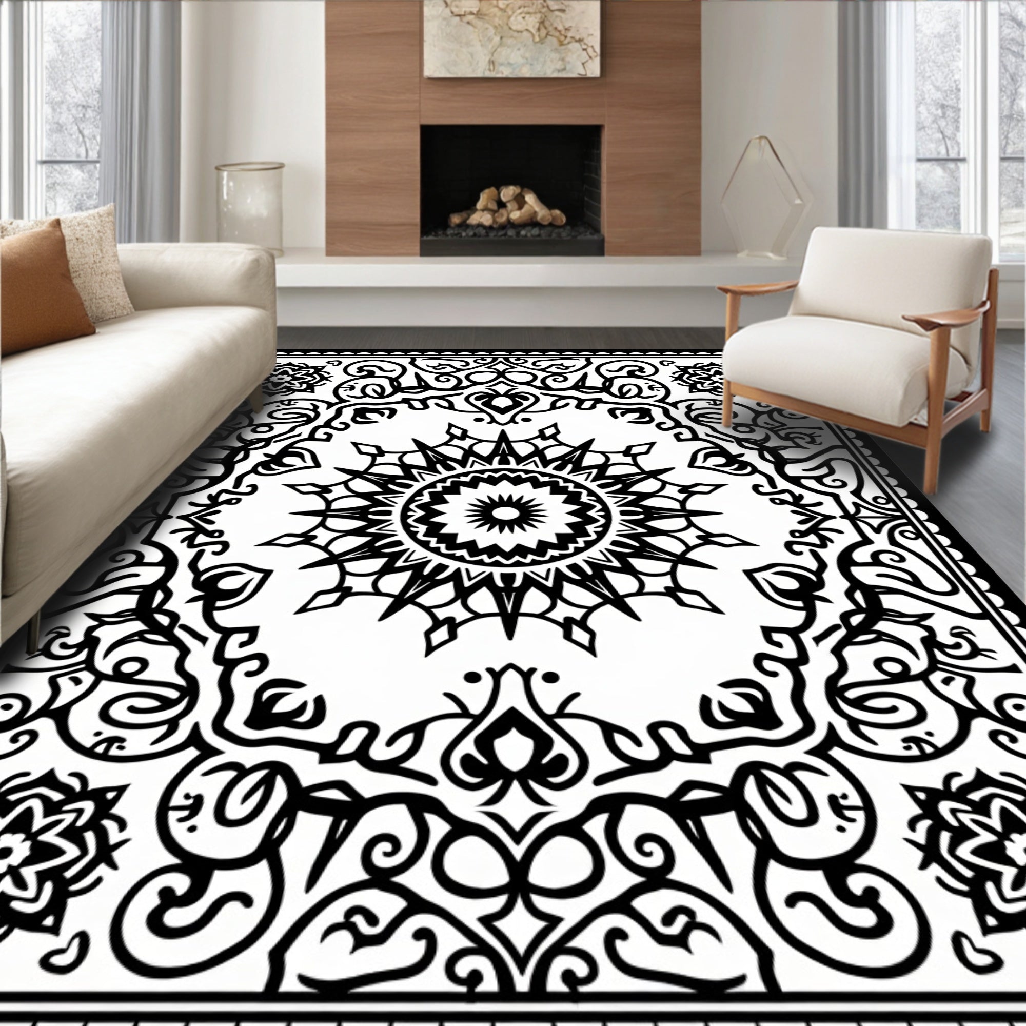 Black White Medallion Mandala Art Rug
