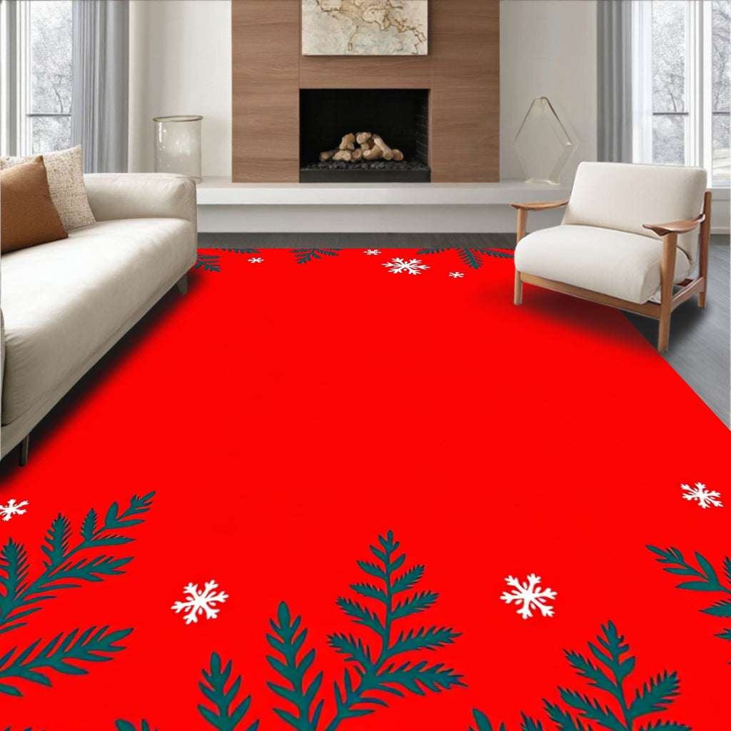 Red Christmas Evergreen Snowflake Background Rug