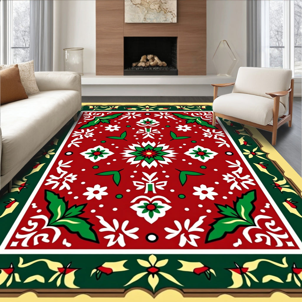 Rich Red White Green Floral Medallion Rug
