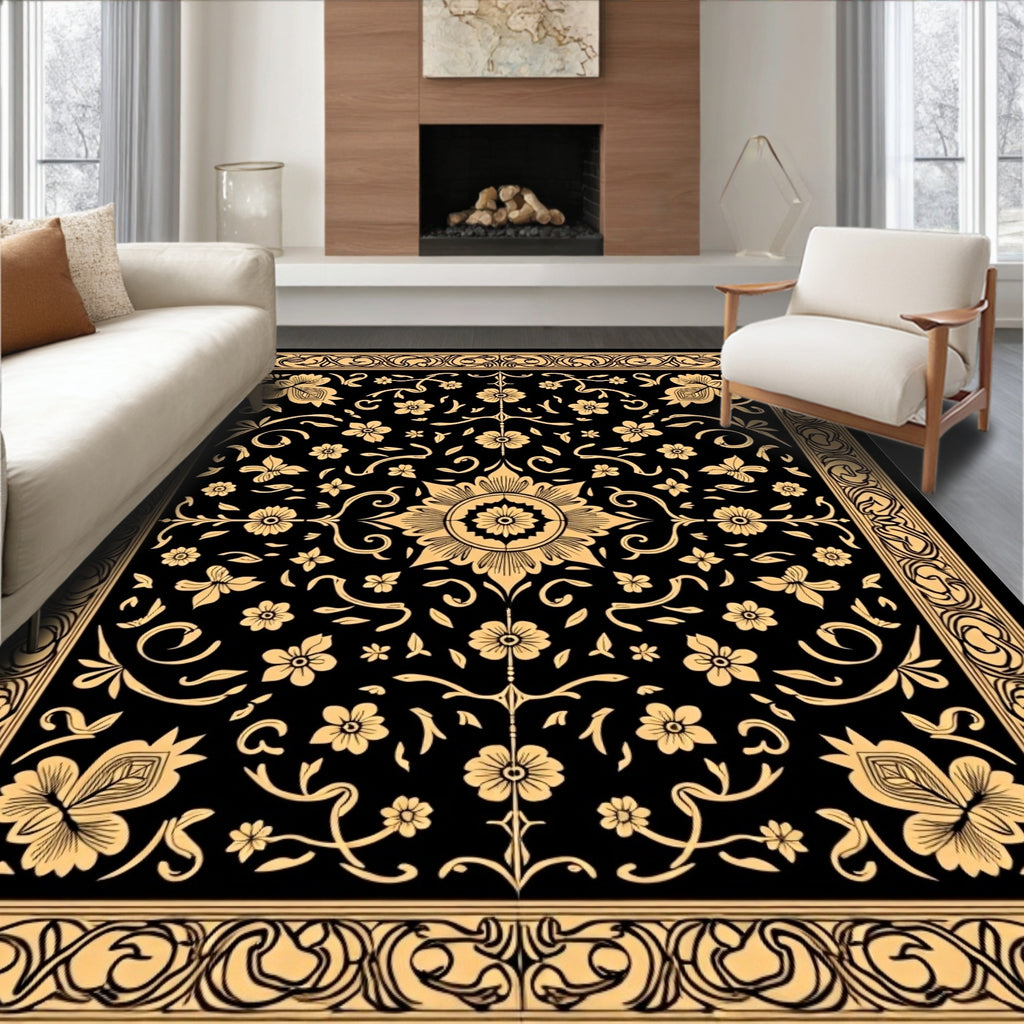 Black Golden Floral Medallion Border Rug
