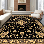 Black Golden Floral Medallion Border Rug