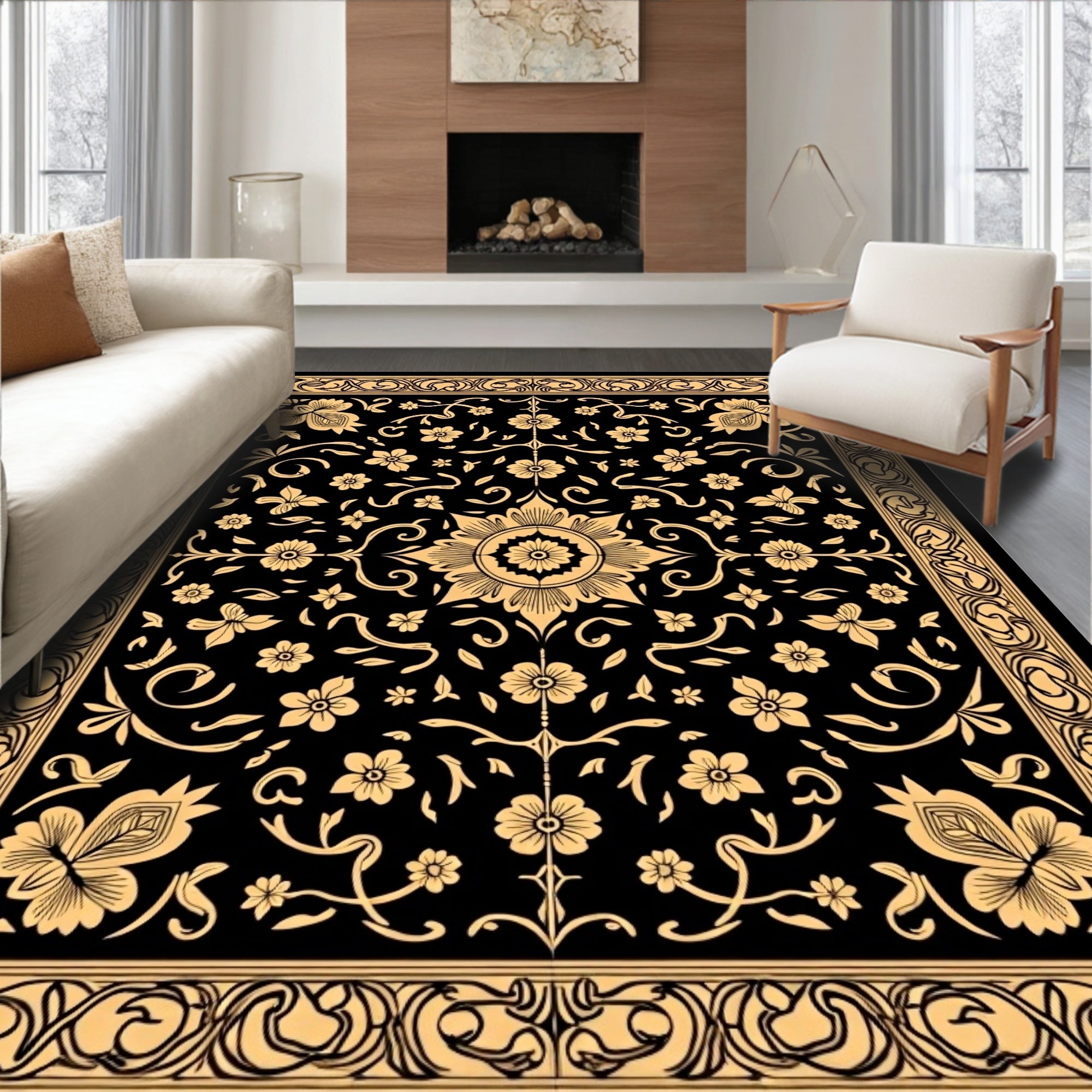 Black Golden Floral Medallion Border Rug