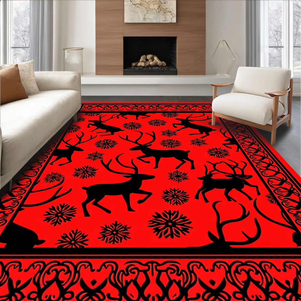 Red Black Reindeer Snowflake Border Rug