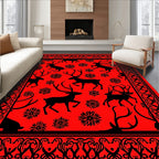 Red Black Reindeer Snowflake Border Rug