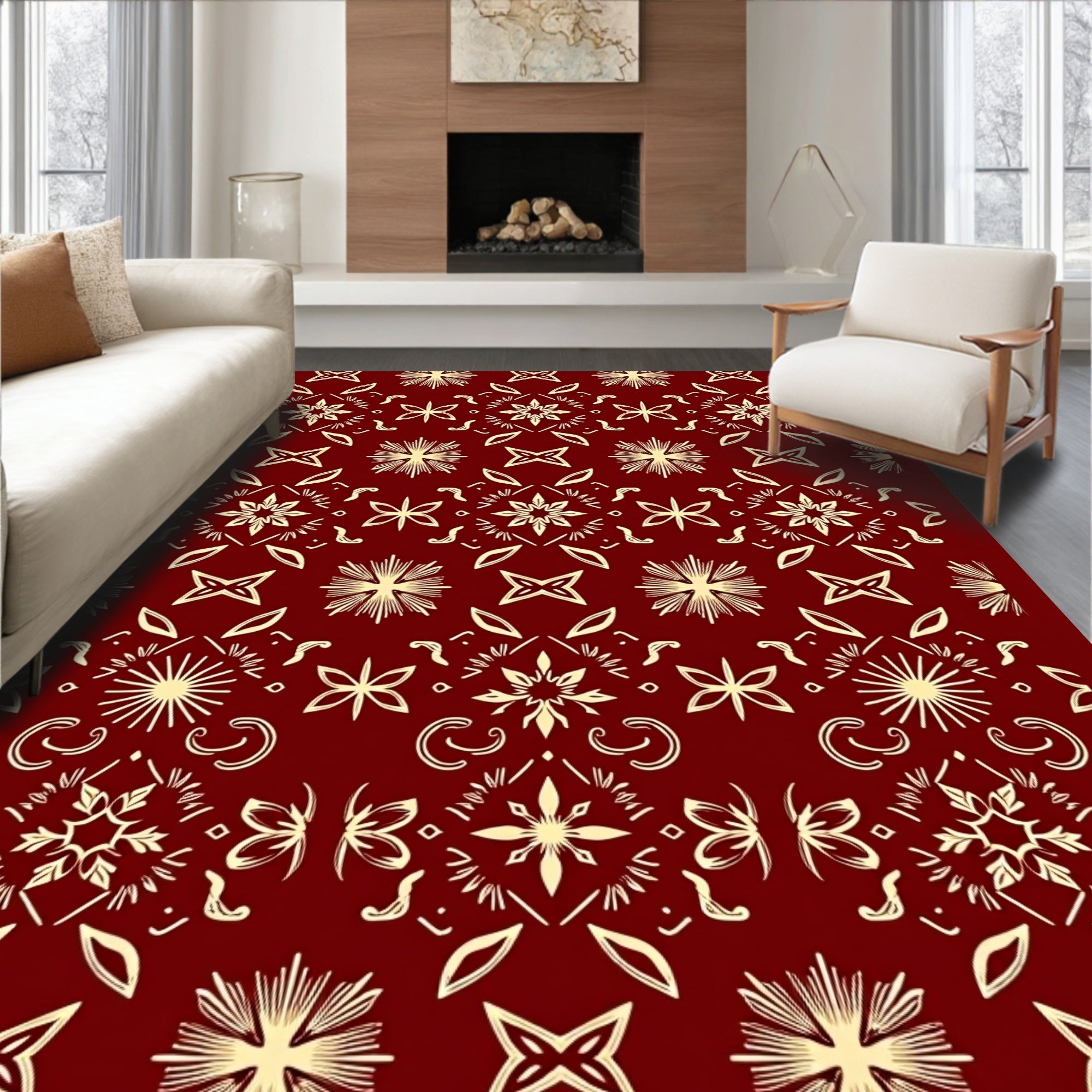 Deep Red Golden Floral Medallion Rug