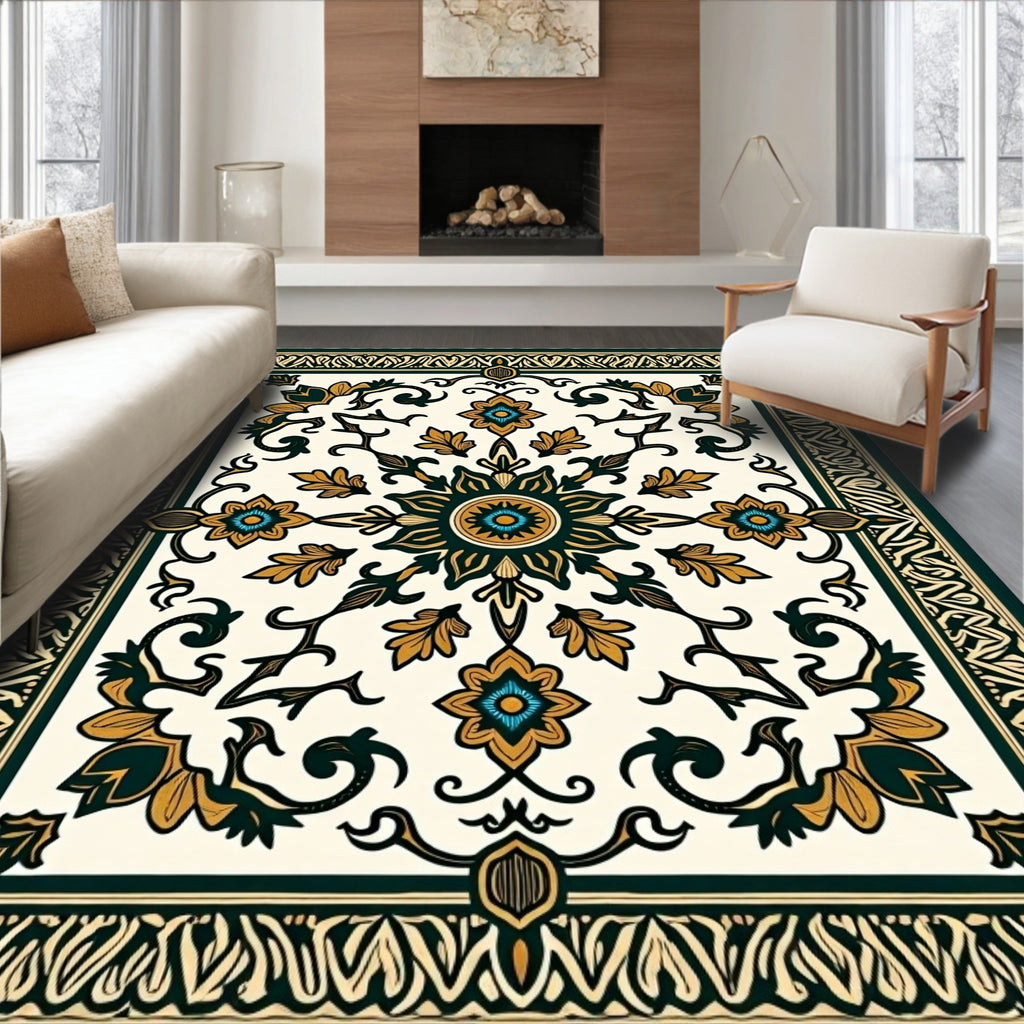 Deep Teal Golden Floral Medallion Rug
