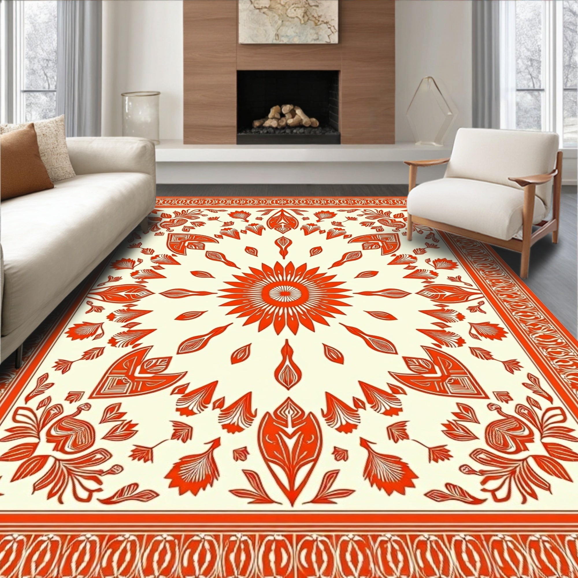 Crimson Floral Sunburst Medallion Ivory Rug