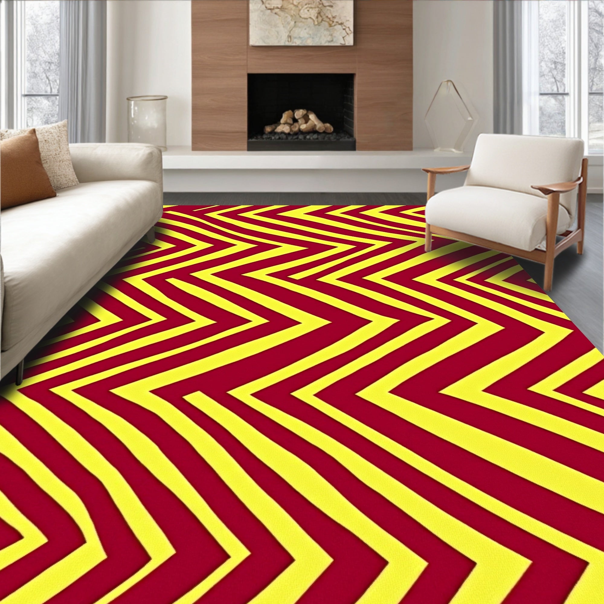 Crimson Yellow Jagged Chevron Stripes Rug
