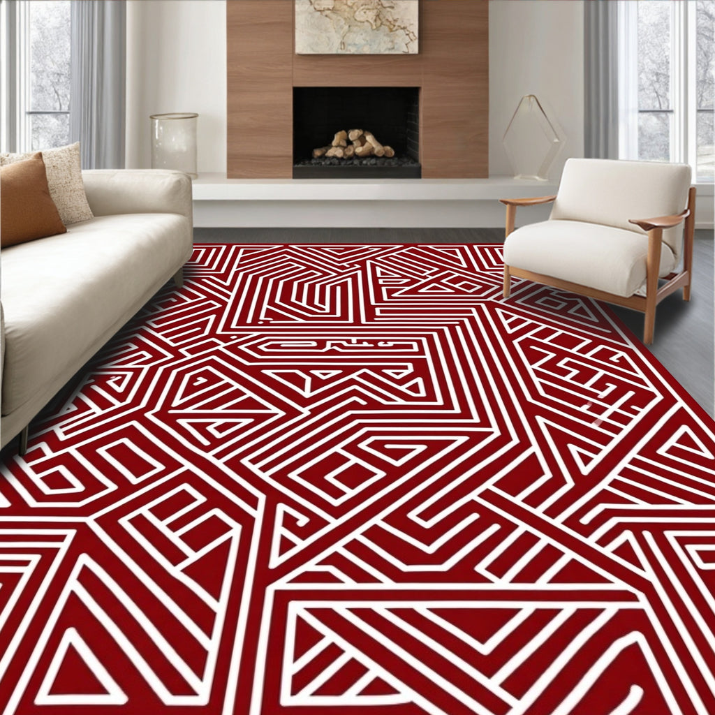 Deep Red Abstract Geometric Maze Rug