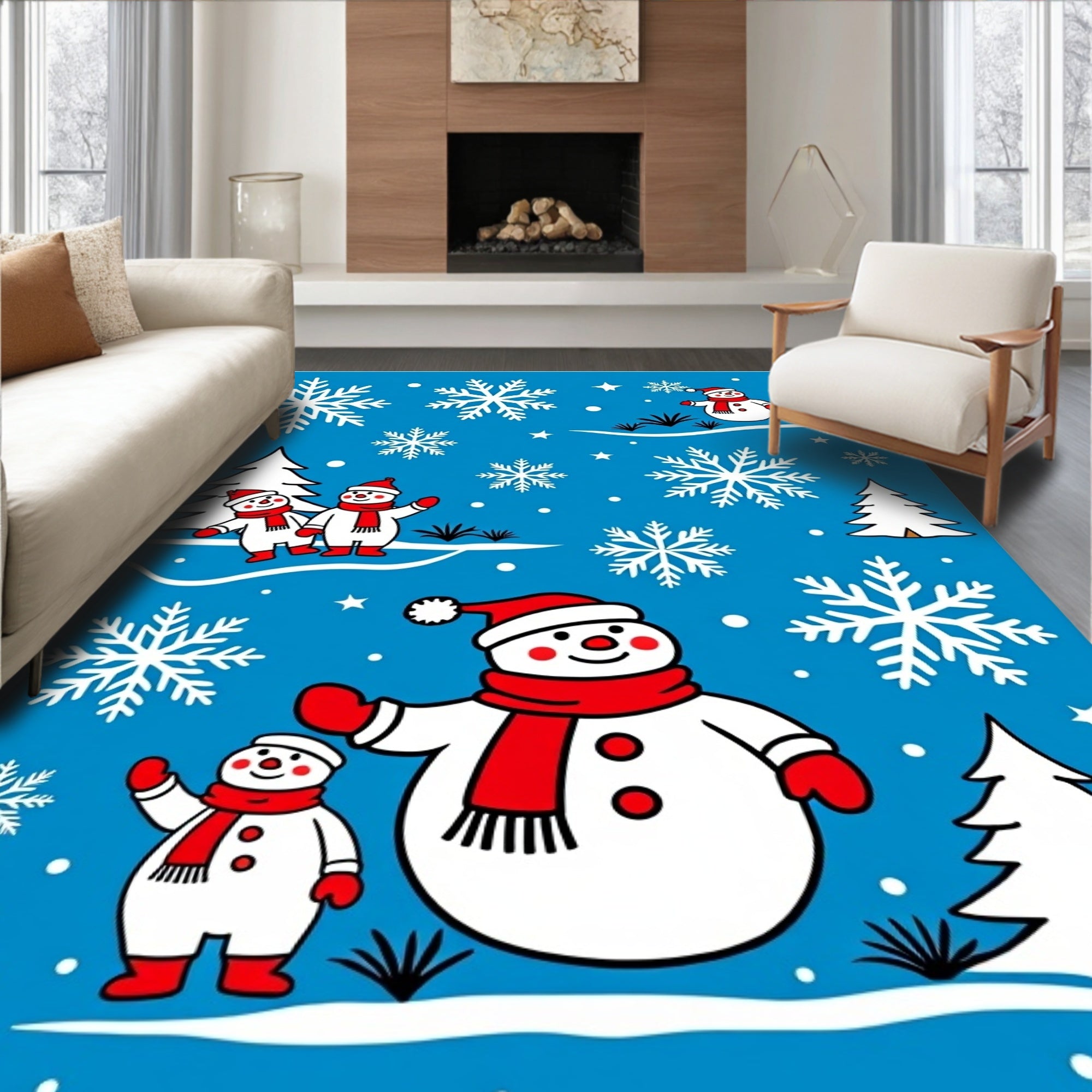 Charming Snowmen With Snowflakes Blue Rug