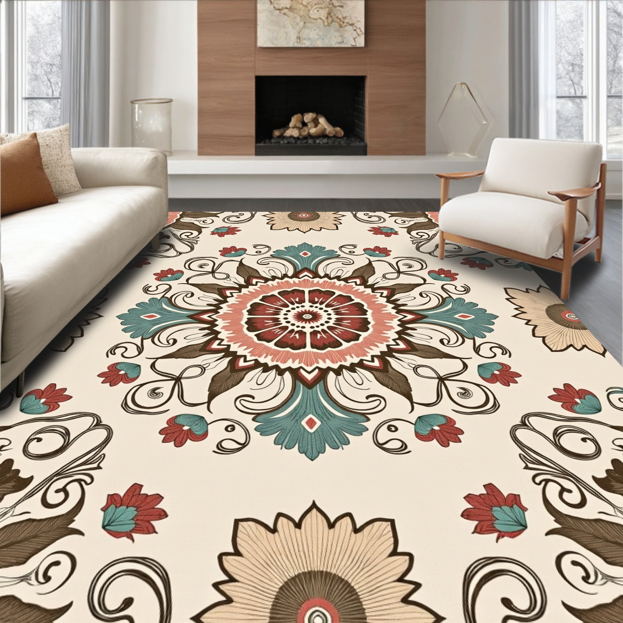 Farmhouse Floral Medallion Sunburst Swirls Rug