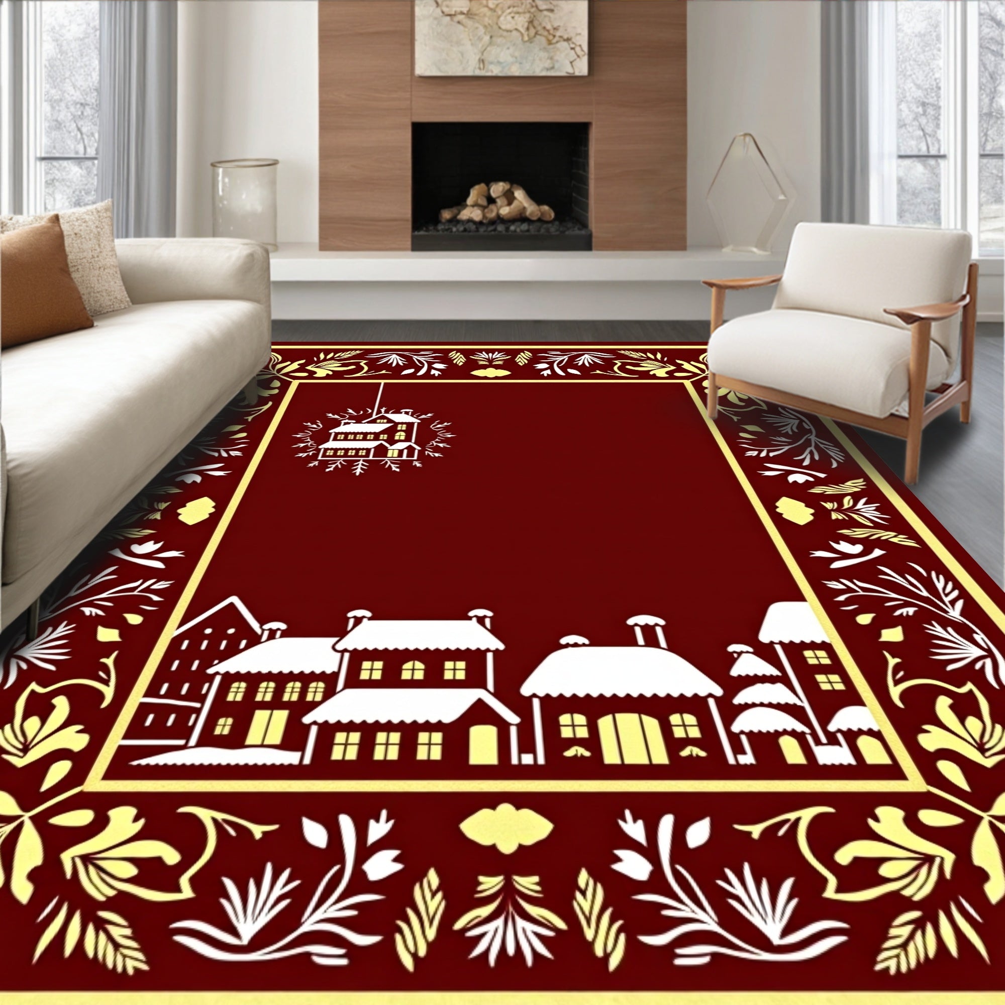Crimson Townhouses Floral Border Rug