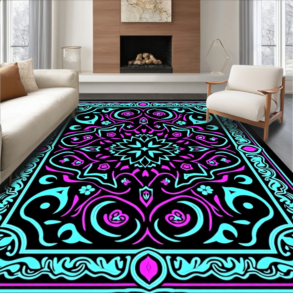 Retro Teal Pink Floral Mandala Rug
